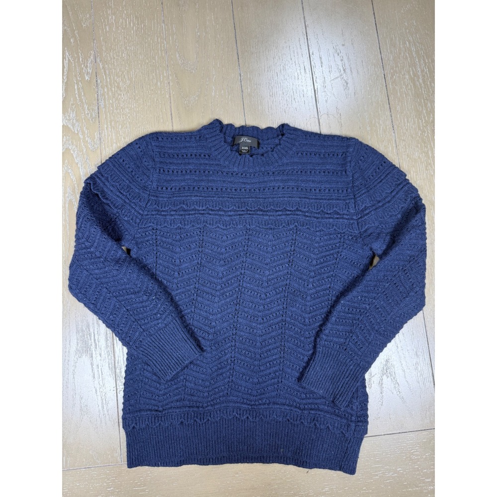 J.Crew Sweater Women XXS Navy Blue Chevron Pointelle Scalloped Wool Blend Preppy